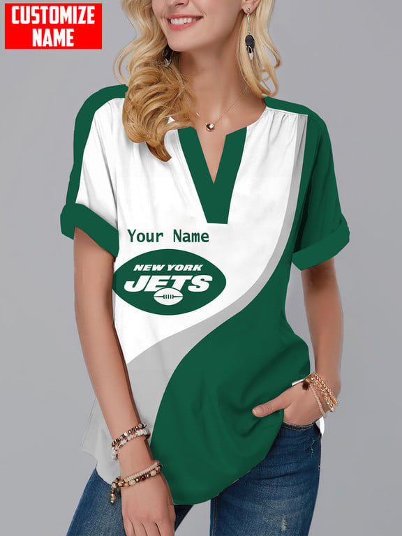 New York Jets Fashion Short Sleeve V-Neck Shirt 1