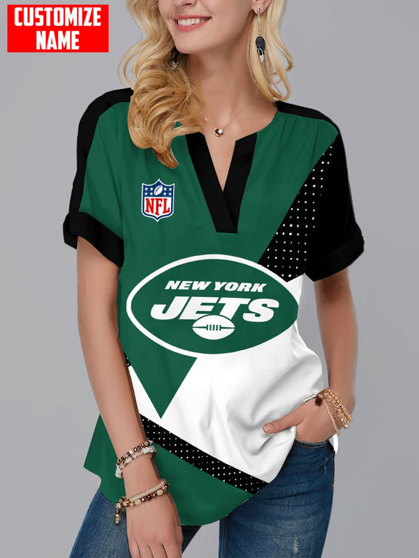 New York Jets Fashion Short Sleeve V-Neck Shirt 2
