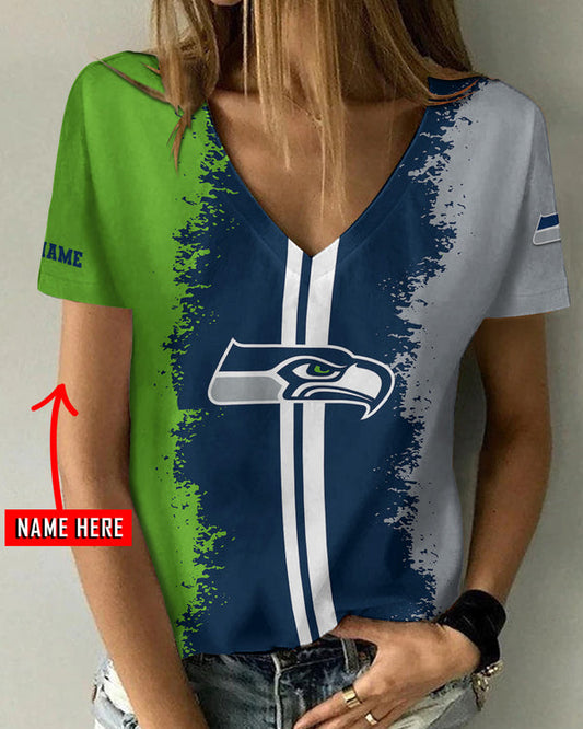 Seattle Seahawks 1 (4) Personalized V-neck Women T-shirt
