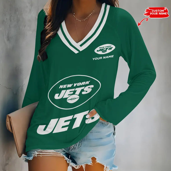 New York Jets 1 (6) Personalized V-neck Women long sleeves T-shirt