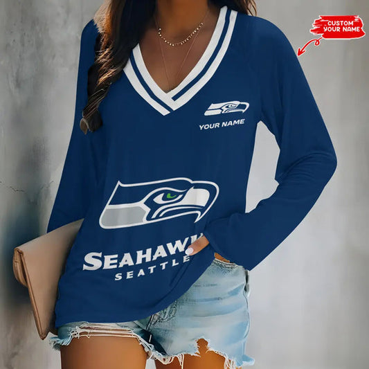Seattle Seahawks 1 (9) Personalized V-neck Women long sleeves T-shirt