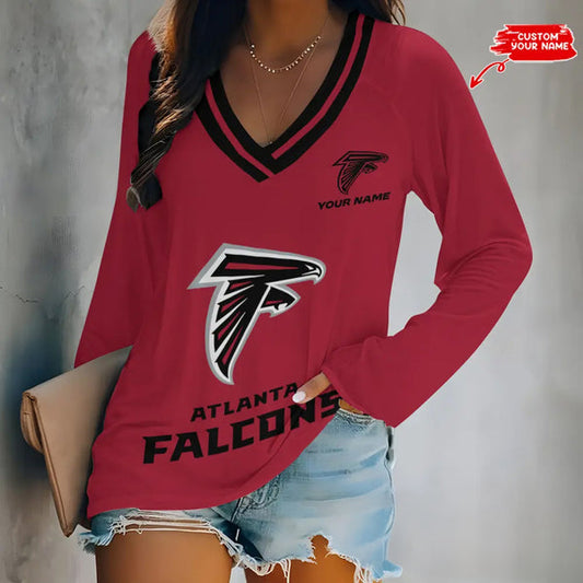Atlanta Falcons 1 (36) Personalized V-neck Women long sleeves T-shirt