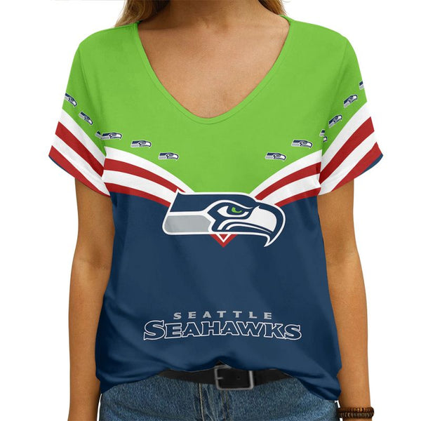 Seattle Seahawks Personalized V-neck Women T-shirt B001