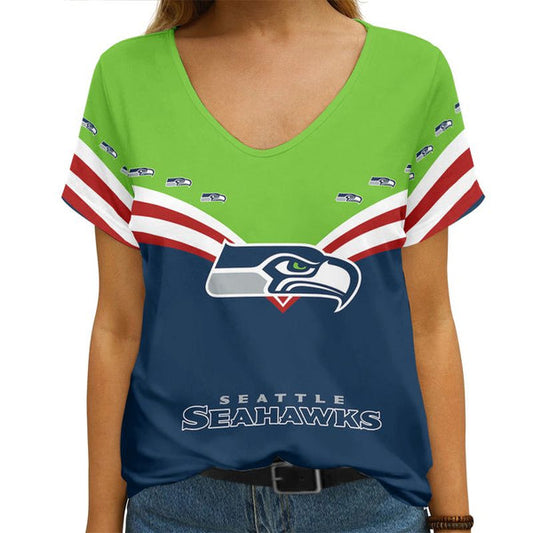 Seattle Seahawks Personalized V-neck Women T-shirt B001